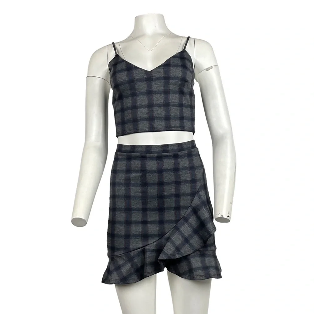 Luxe Plaid Two Piece Mini Skirt Set Ruffle Hem NWT